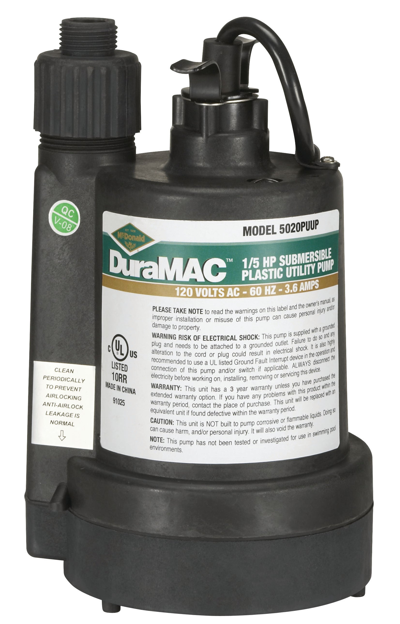 5020PUUP McDONALD 1/5 HP UTILITY PUMP 120V 10' CORD