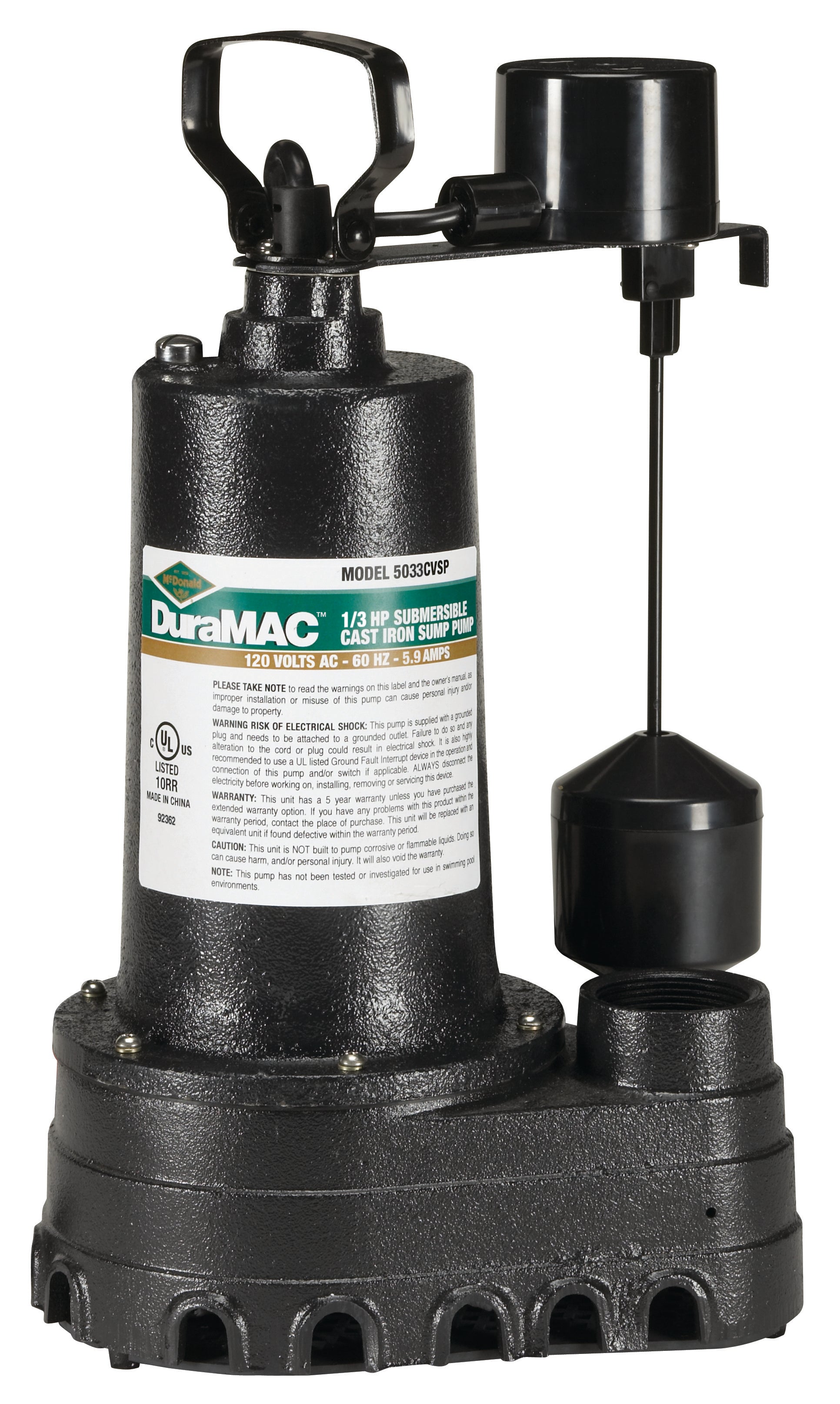 5033CVSP McDONALD 1/3 HP DURAMAC C.I. SUMP PUMP 120V 10' CORD