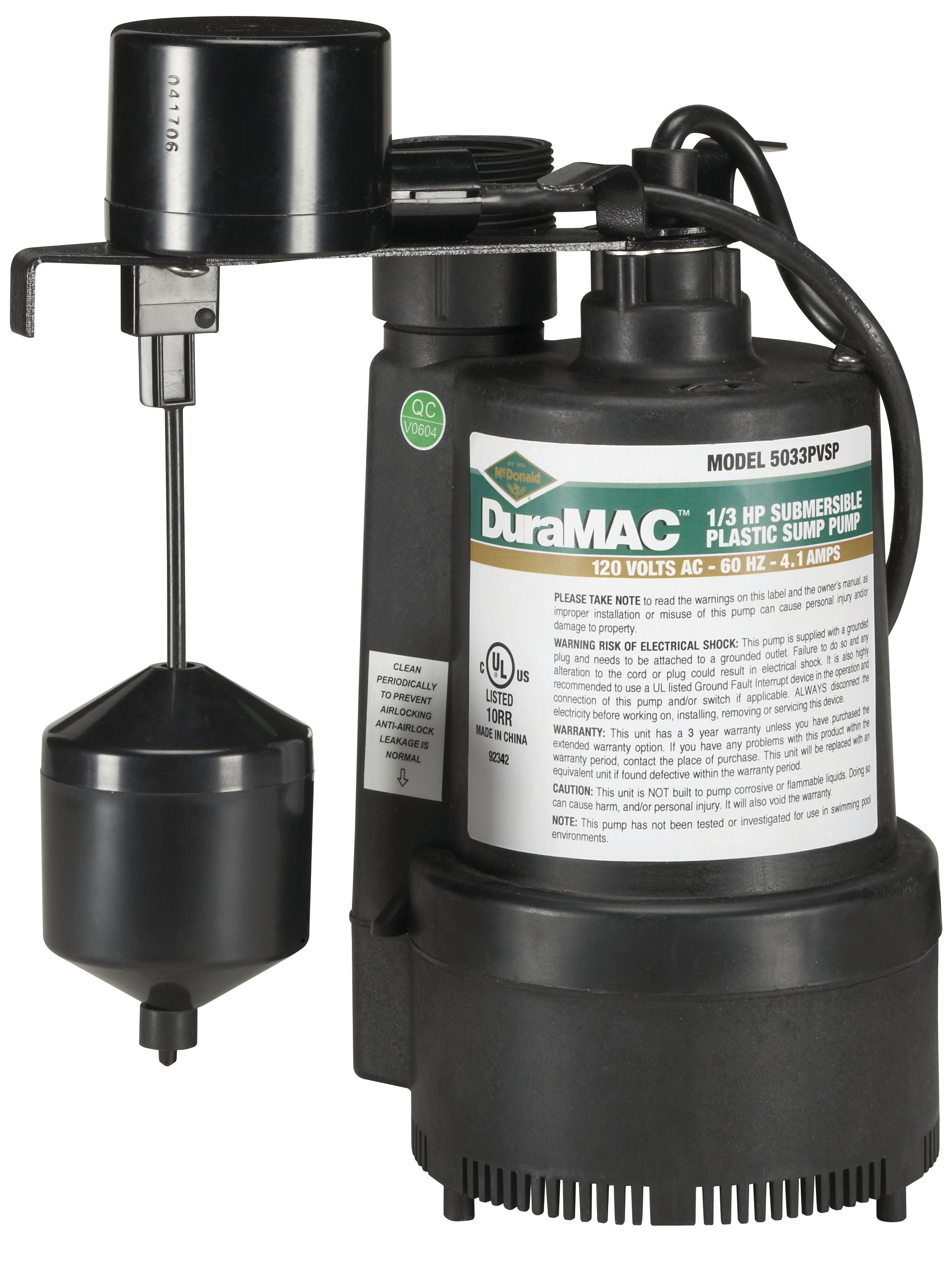 5033PVSP McDONALD 1/3 HP DURAMAC PLASTIC SUMP PUMP 120V 10' CORD