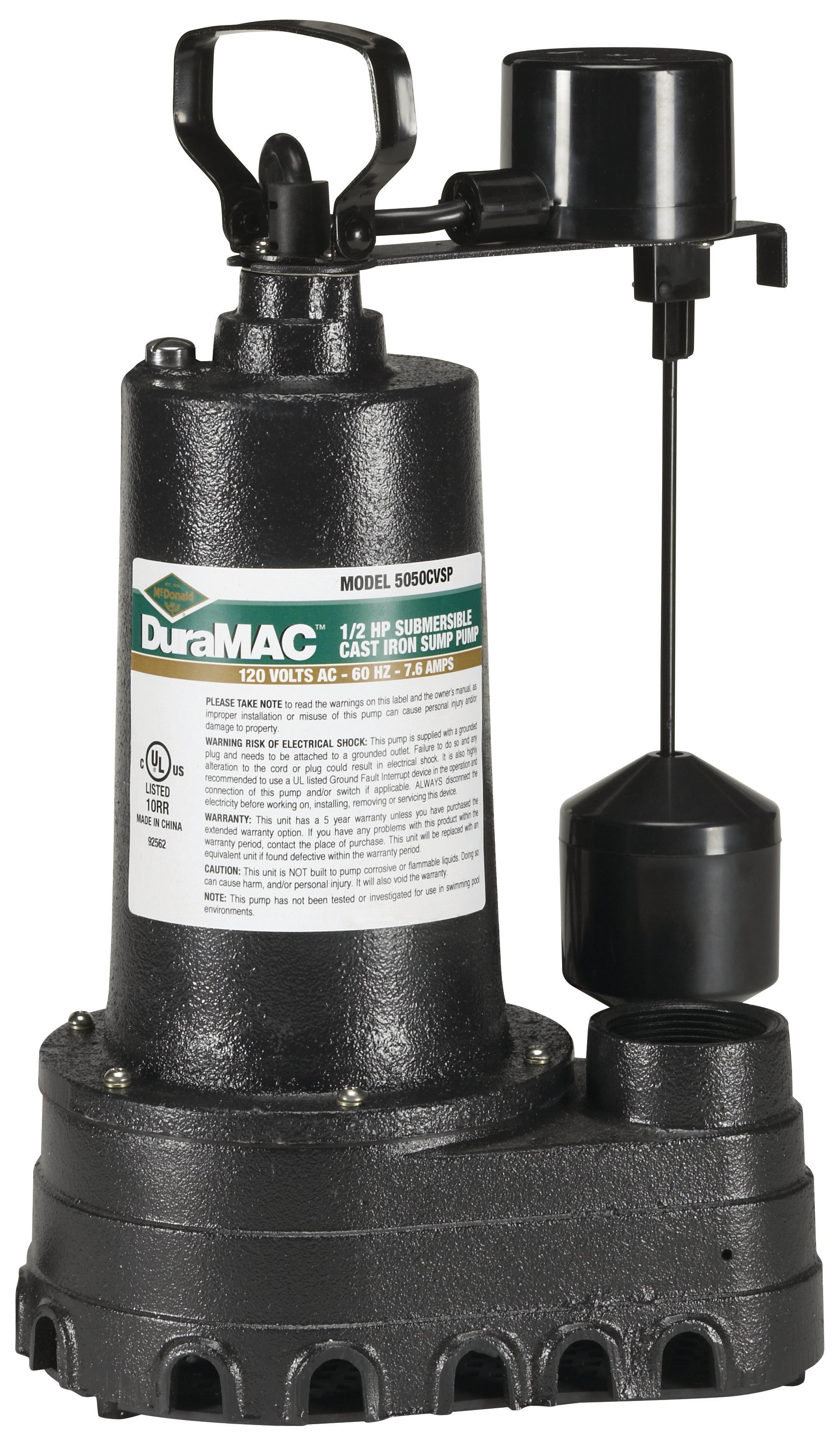 5050CVSP McDONALD 1/2 HP DURAMAC C.I. SUMP PUMP 120V 10' CORD