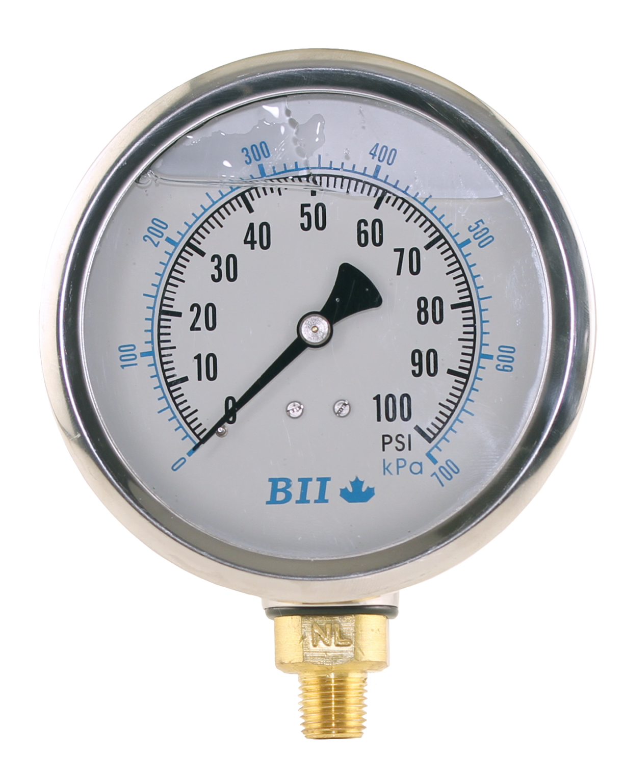 1/4" X 4" 100# NO-LEAD LIQUID FILL GAUGE